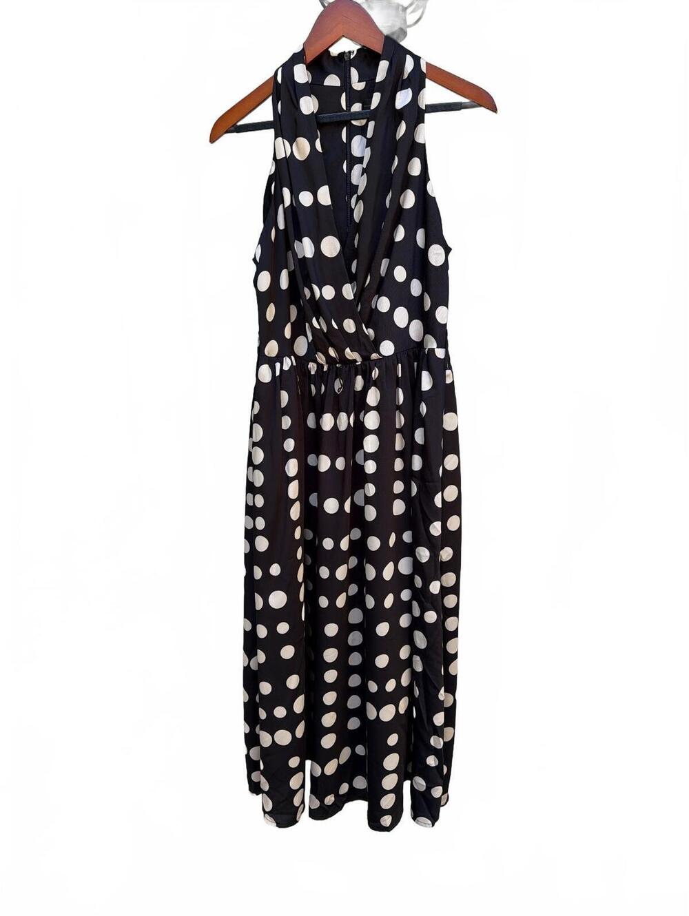 Donna Karan Sleeveless Polka-Dot Midi Dress Halter V-Neck Fit and Flare Pockets